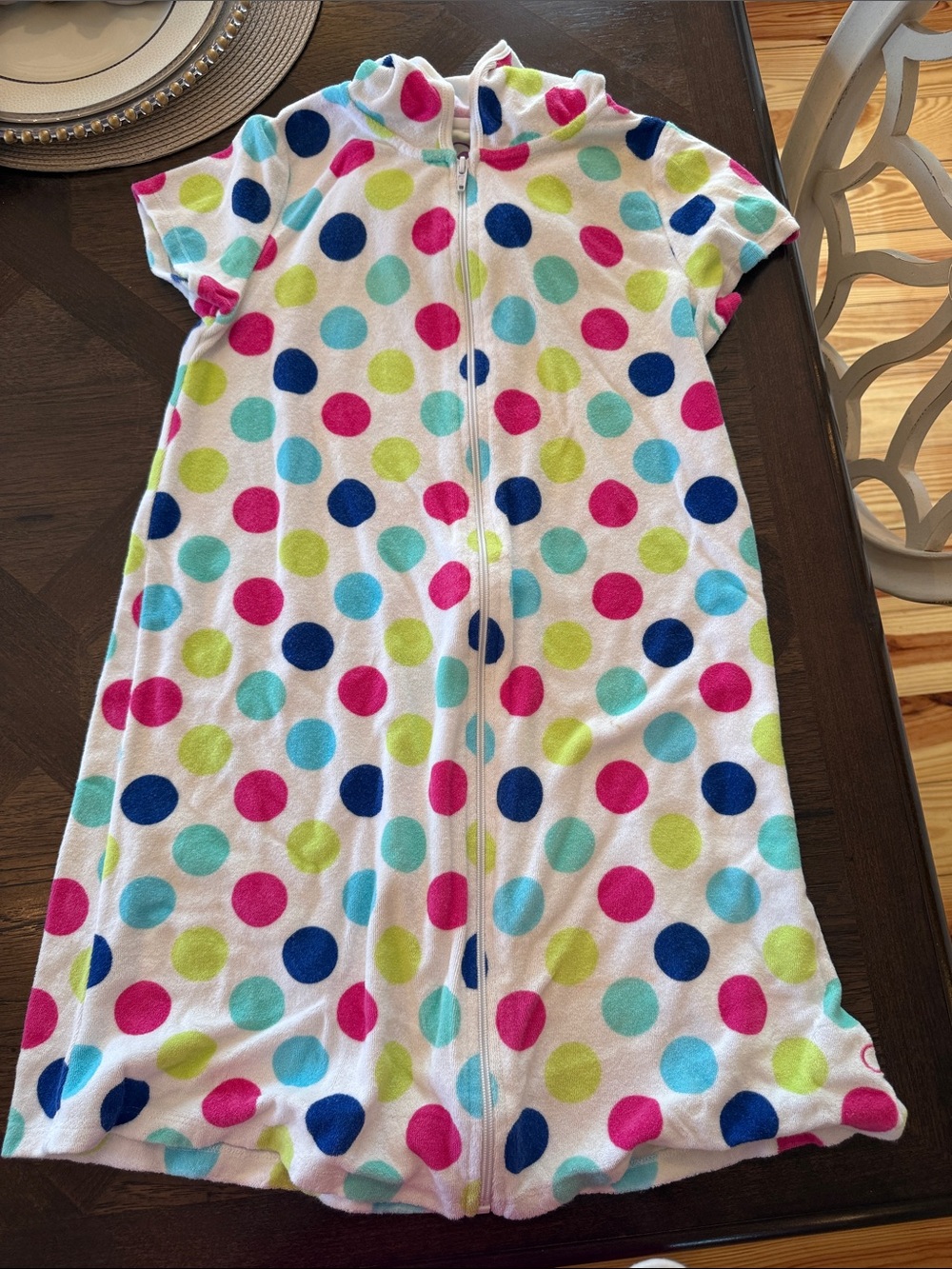 Kids Short-Sleeve Zip coverup/dress - White with Multicolor Polka Dots